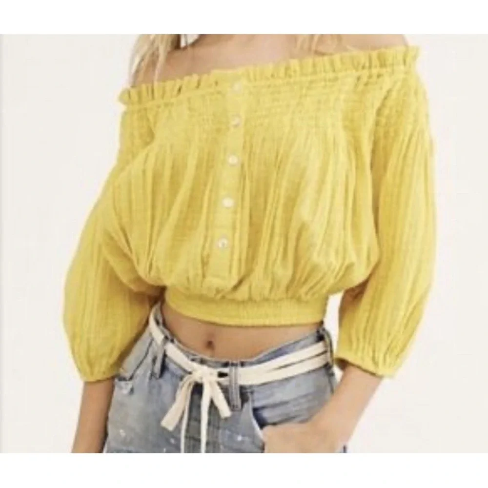 Free People Women‎ Dancing Til Dawn Cropped Top Butter Yellow Sz XS Peasant Boho